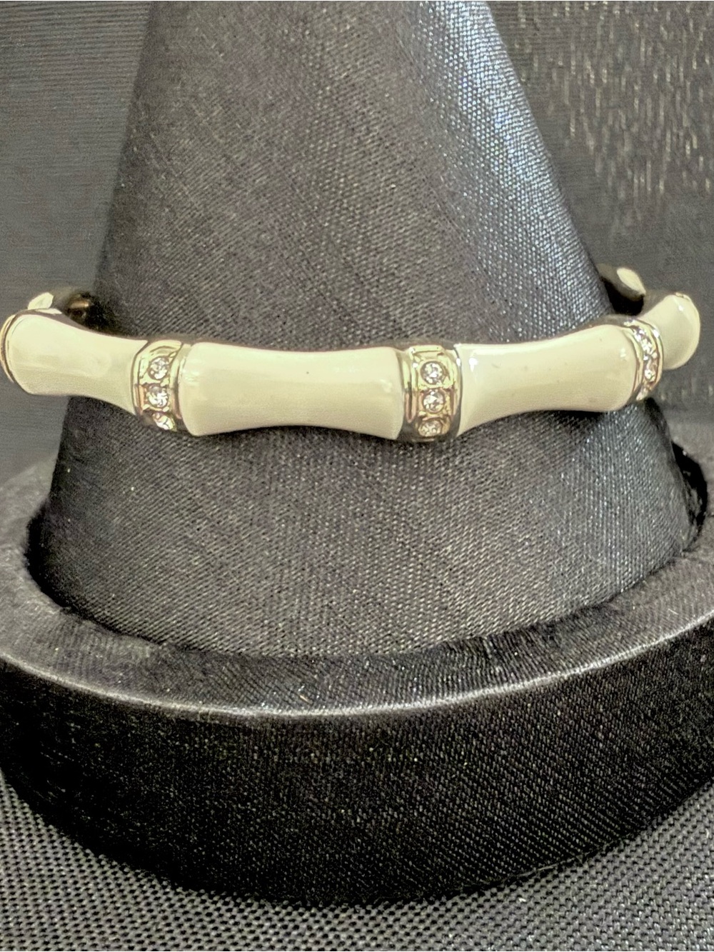 Cream Faux Bone Bamboo Bracelet Gold Tone Rhinestone Magnetic Clasp Vintage